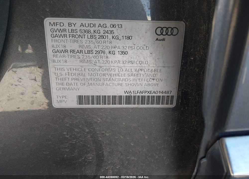 2014 AUDI Q5 2.0T PREMIUM VIN: WA1LFAFPXEA014487