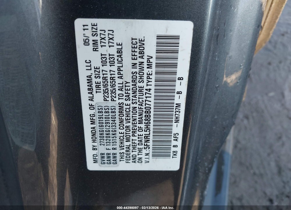 2011 HONDA ODYSSEY EX-L VIN: 5FNRL5H68BB077174