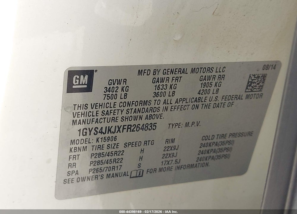 2015 CADILLAC ESCALADE ESV PREMIUM VIN: 1GYS4JKJXFR264835