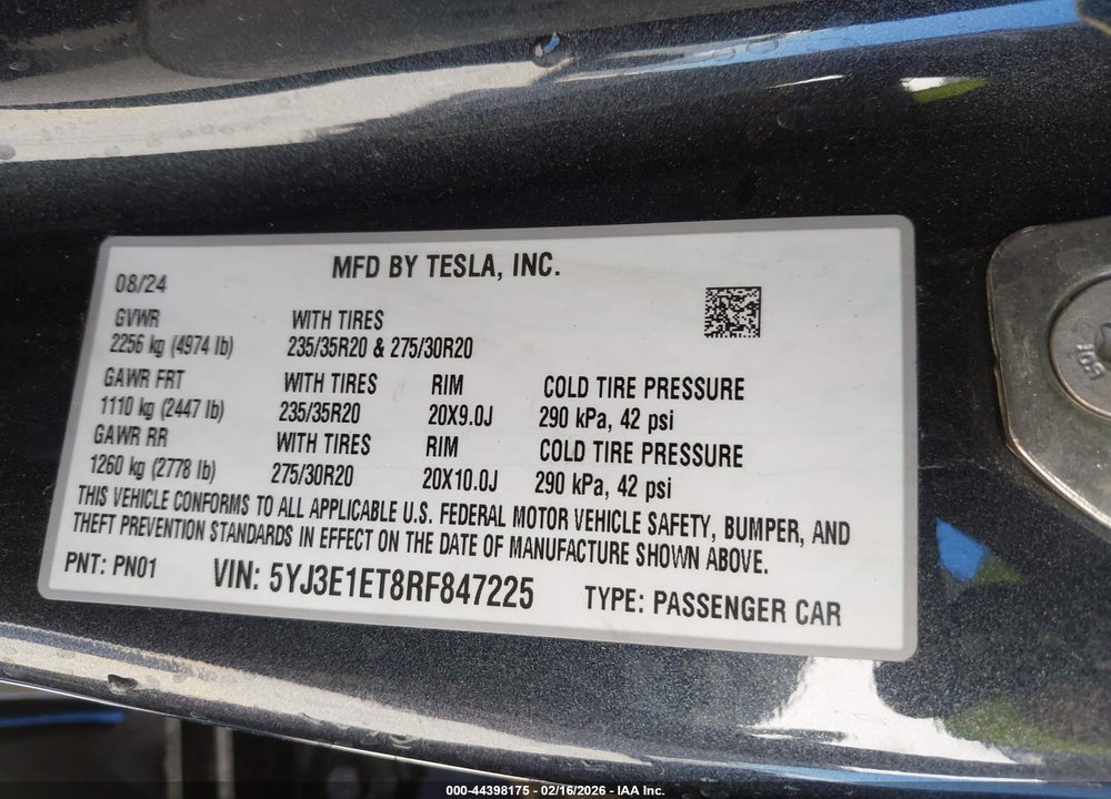 2024 TESLA MODEL 3 PERFORMANCE ALL-WHEEL DRIVE VIN: 5YJ3E1ET8RF847225