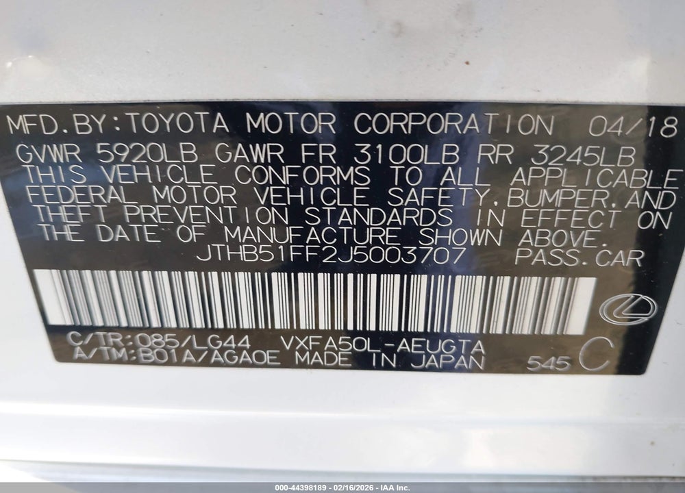 2018 LEXUS LS 500 VIN: JTHB51FF2J5003707