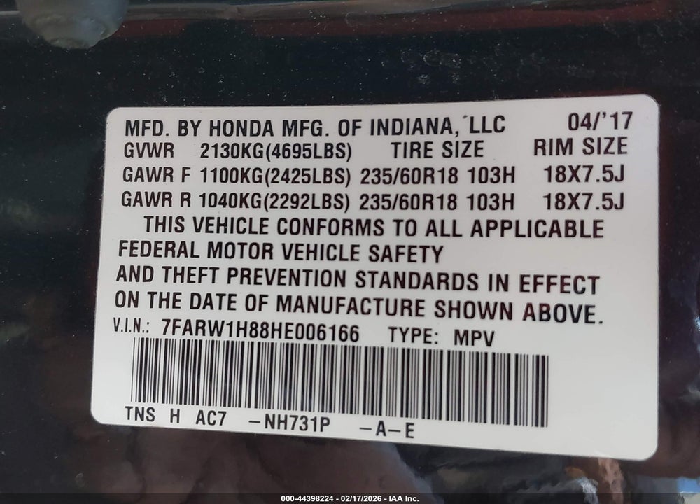 2017 HONDA CR-V EX-L/EX-L NAVI VIN: 7FARW1H88HE006166