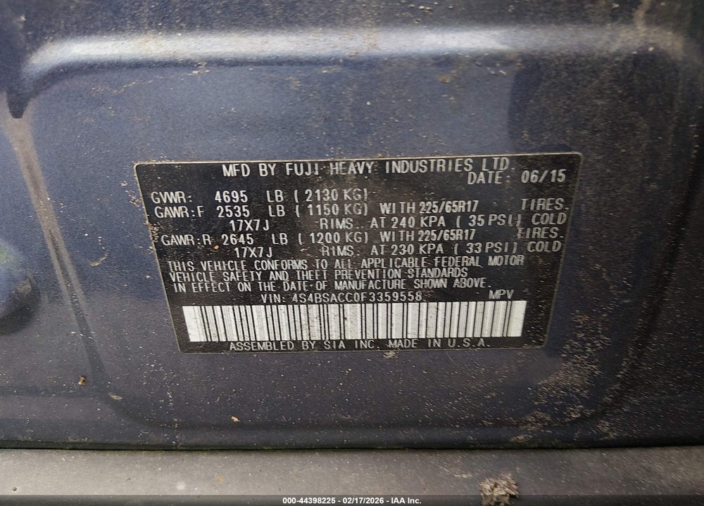 2015 SUBARU OUTBACK 2.5I PREMIUM VIN: 4S4BSACC0F3359558