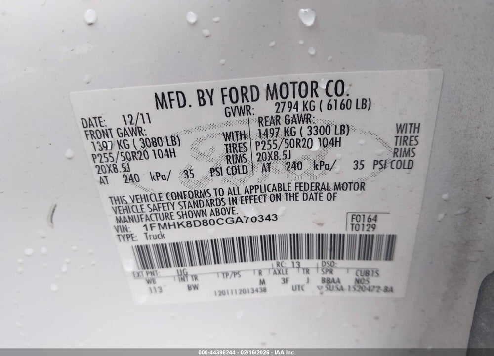 2012 FORD EXPLORER XLT VIN: 1FMHK8D80CGA70343