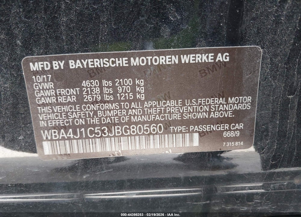 2018 BMW 430I GRAN COUPE VIN: WBA4J1C53JBG80560