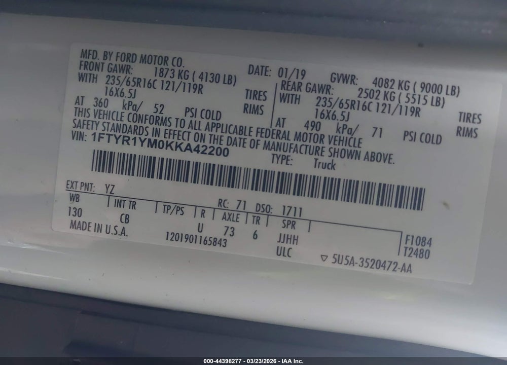 2019 FORD TRANSIT-250 VIN: 1FTYR1YM0KKA42200