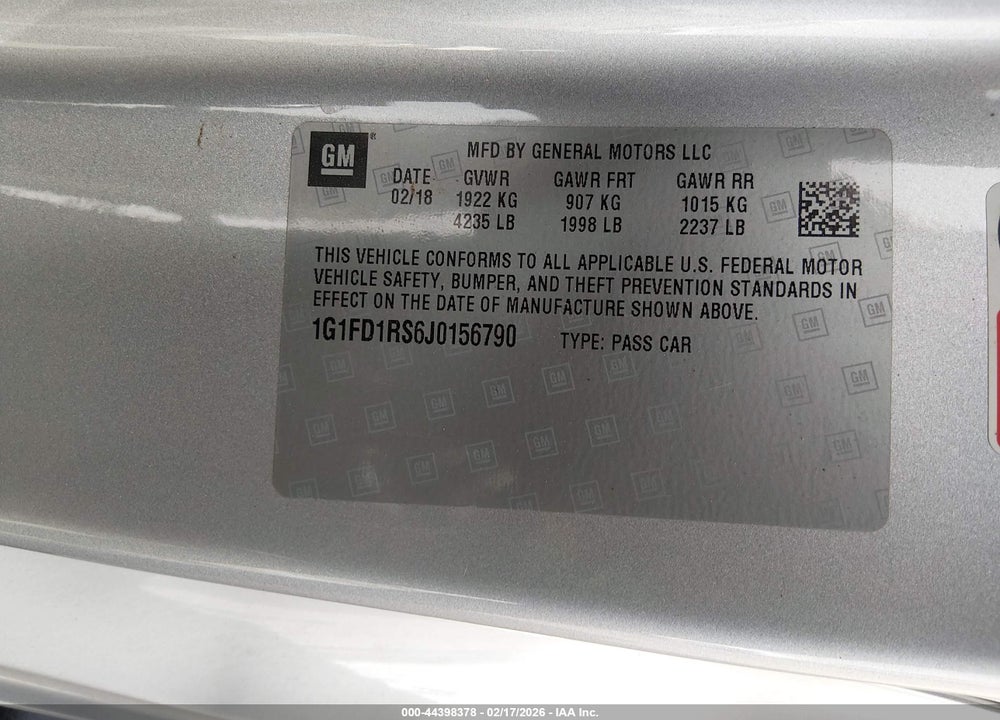 2018 CHEVROLET CAMARO 2LT VIN: 1G1FD1RS6J0156790