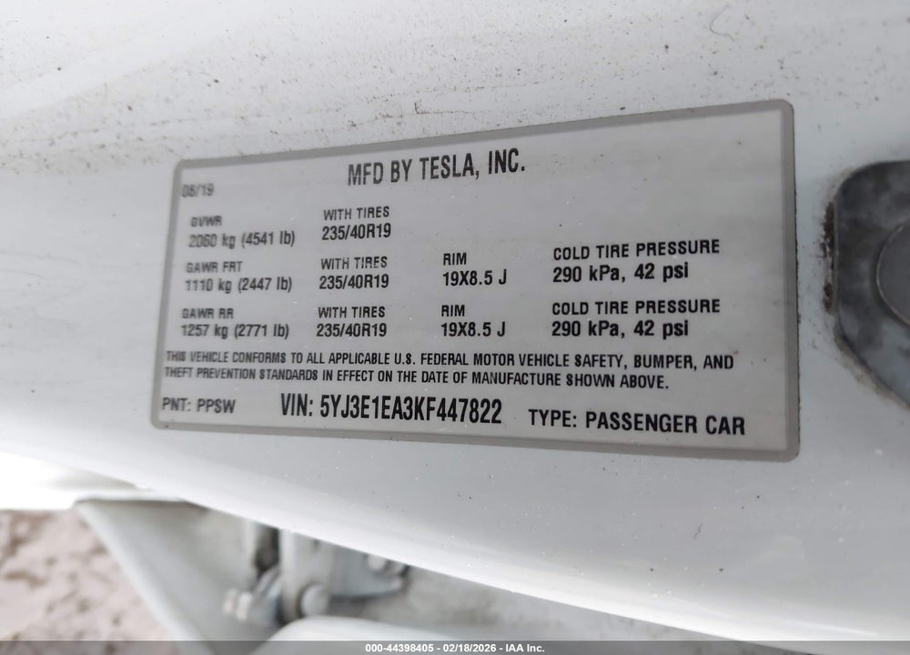 2019 TESLA MODEL 3 LONG RANGE/MID RANGE/STANDARD RANGE/STANDARD RANGE PLUS VIN: 5YJ3E1EA3KF447822