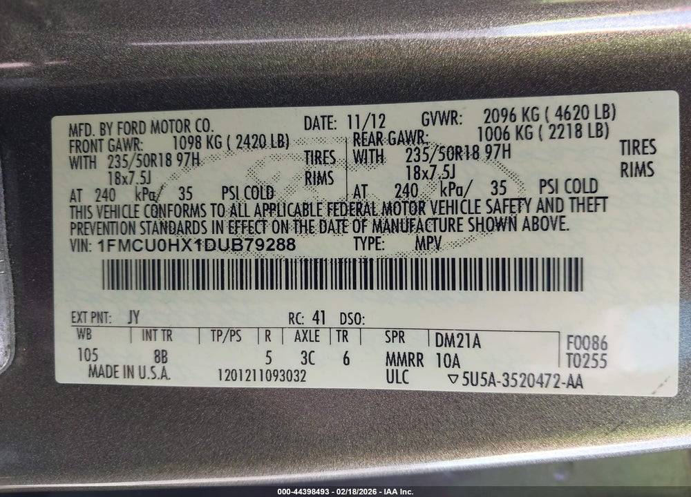 2013 FORD ESCAPE SEL VIN: 1FMCU0HX1DUB79288
