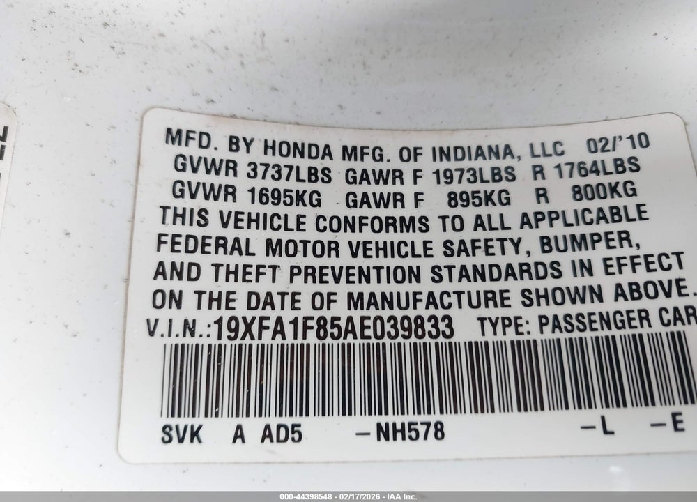 2010 HONDA CIVIC EX VIN: 19XFA1F85AE039833