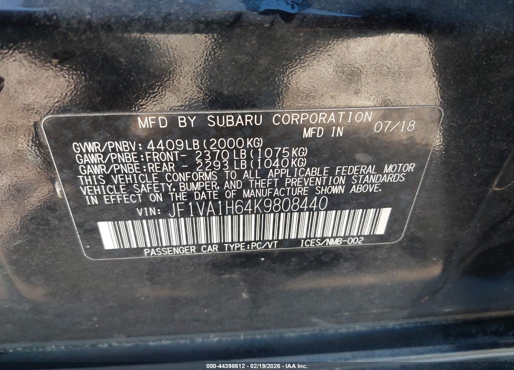 2019 SUBARU WRX LIMITED VIN: JF1VA1H64K9808440