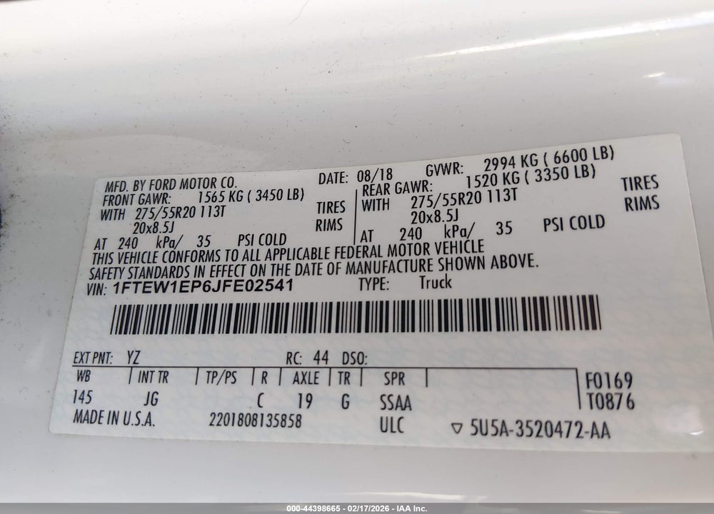 2018 FORD F-150 XL VIN: 1FTEW1EP6JFE02541