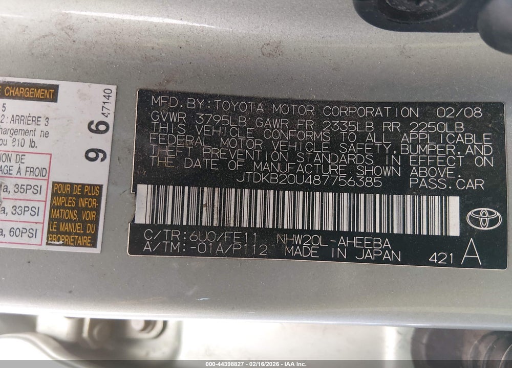 2008 TOYOTA PRIUS TOURING VIN: JTDKB20U487756385