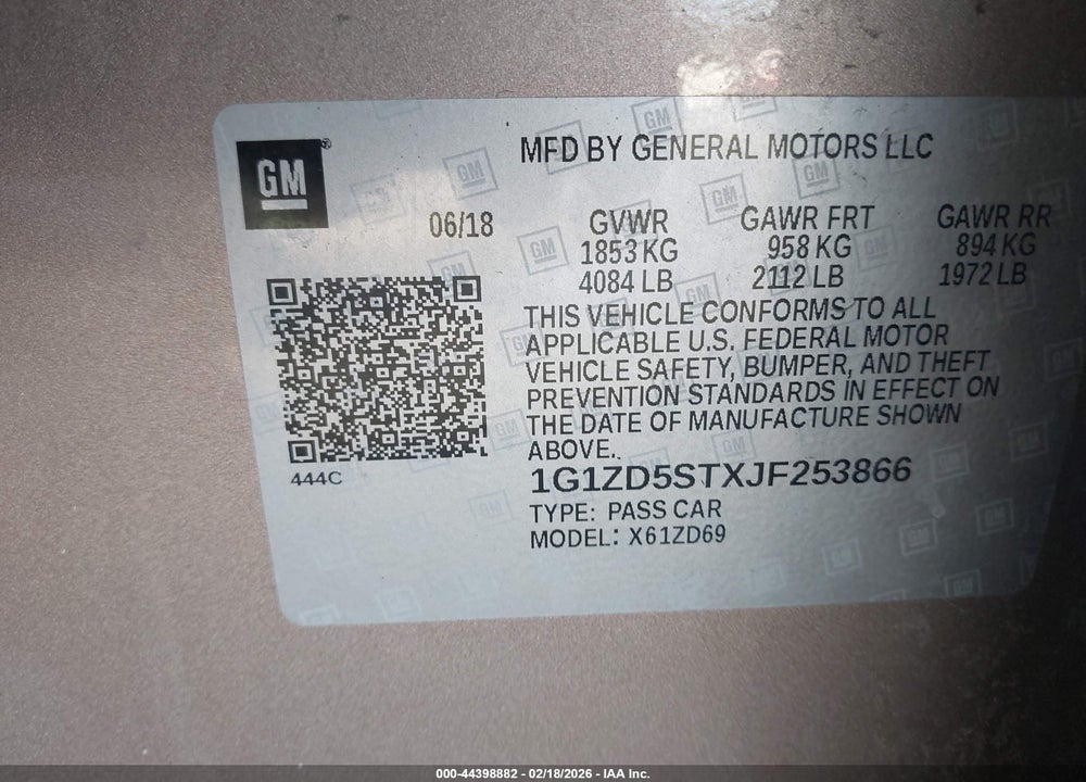 2018 CHEVROLET MALIBU LT VIN: 1G1ZD5STXJF253866