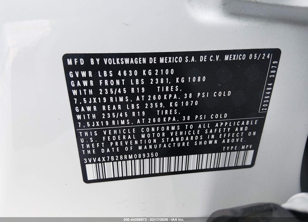 2024 VOLKSWAGEN TAOS 1.5T SEL VIN: 3VV4X7B28RM089350