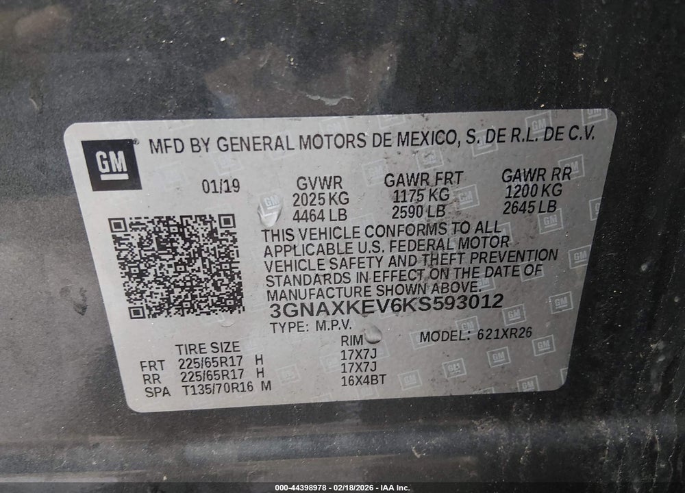 2019 CHEVROLET EQUINOX LT VIN: 3GNAXKEV6KS593012