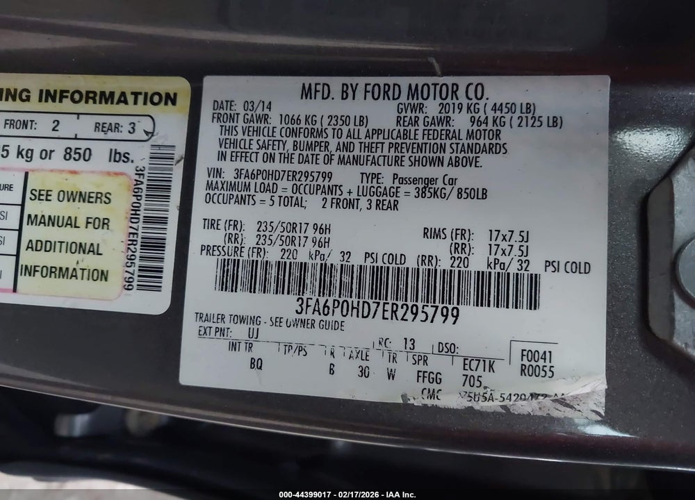2014 FORD FUSION SE VIN: 3FA6P0HD7ER295799
