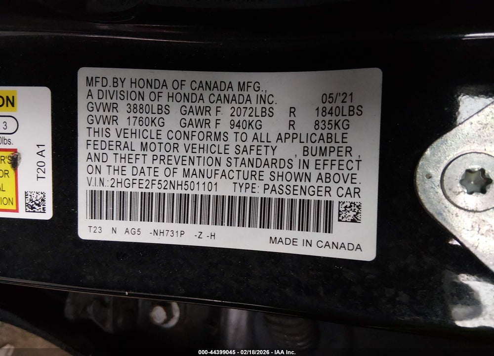2022 HONDA CIVIC SPORT VIN: 2HGFE2F52NH501101