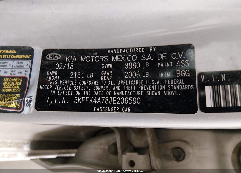 2018 KIA FORTE LX VIN: 3KPFK4A78JE236590