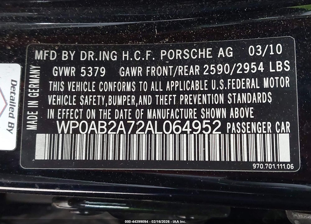 2010 PORSCHE PANAMERA 4S/S VIN: WP0AB2A72AL064952