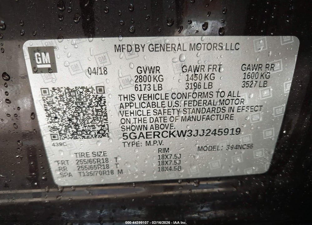 2018 BUICK ENCLAVE PREMIUM VIN: 5GAERCKW3JJ245919