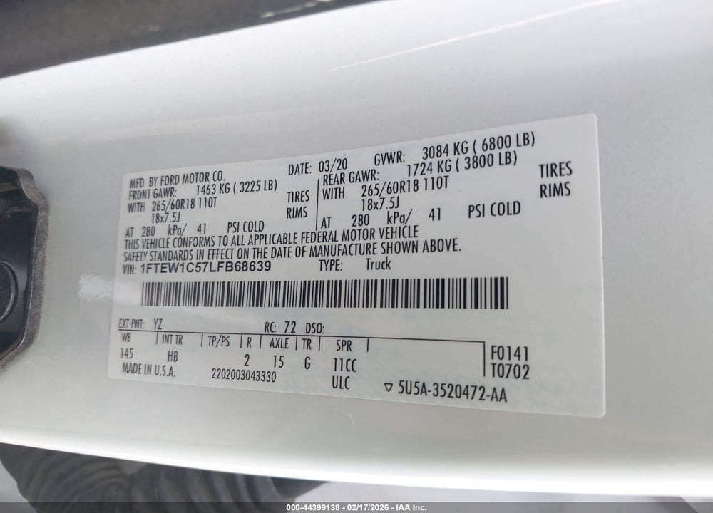 2020 FORD F-150 LARIAT VIN: 1FTEW1C57LFB68639