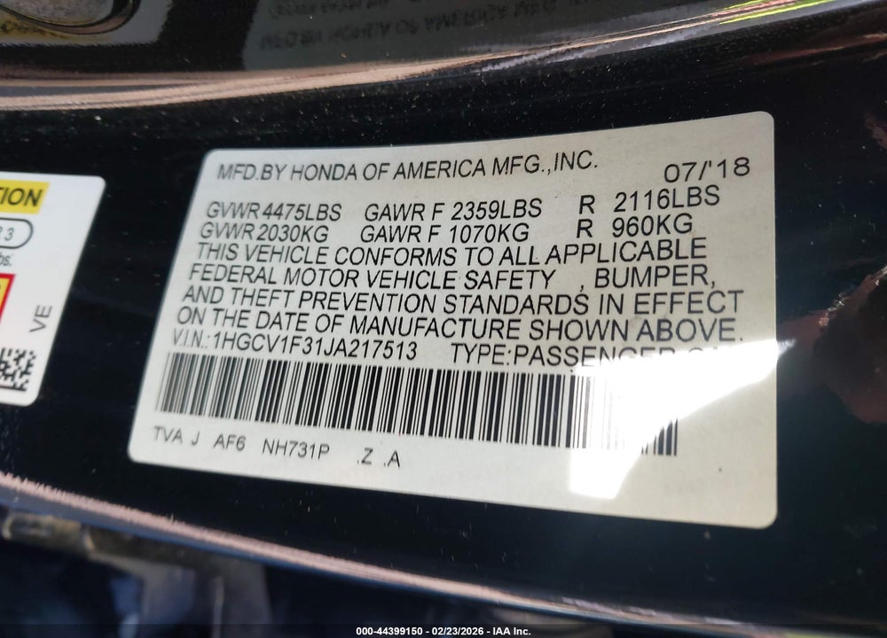 2018 HONDA ACCORD SPORT VIN: 1HGCV1F31JA217513