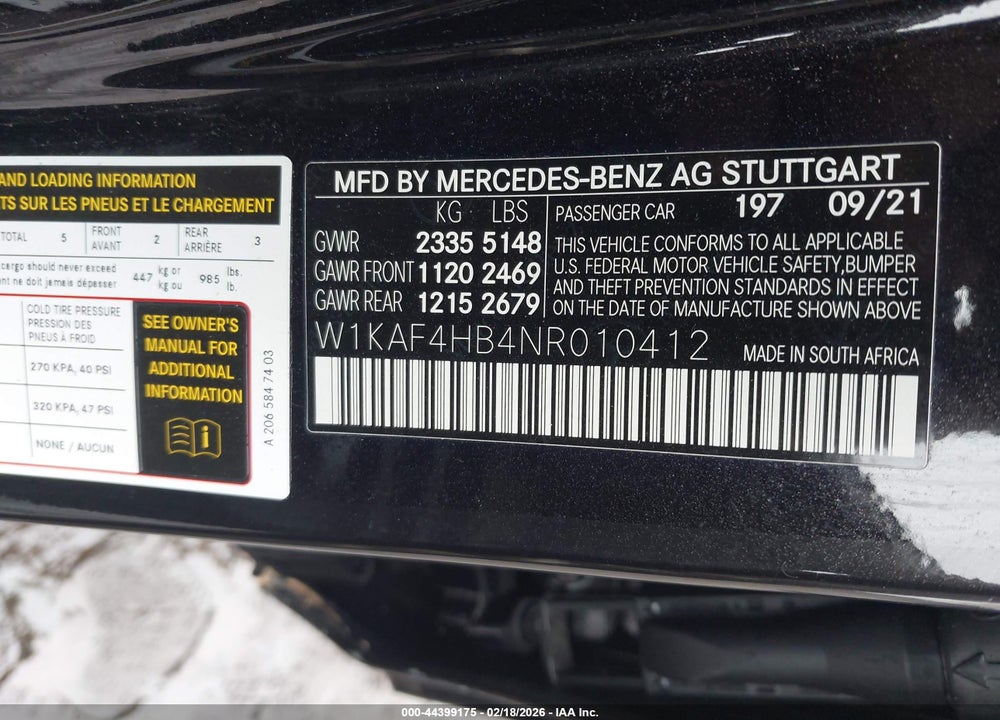 2022 MERCEDES-BENZ C 300 4MATIC VIN: W1KAF4HB4NR010412