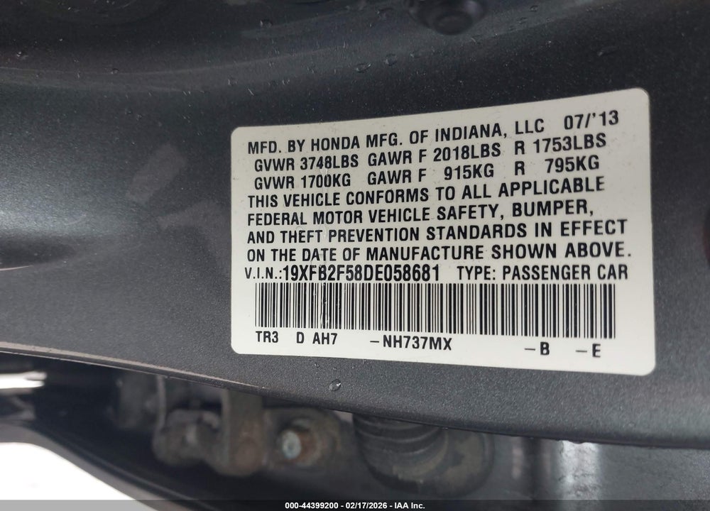 2013 HONDA CIVIC LX VIN: 19XFB2F58DE058681