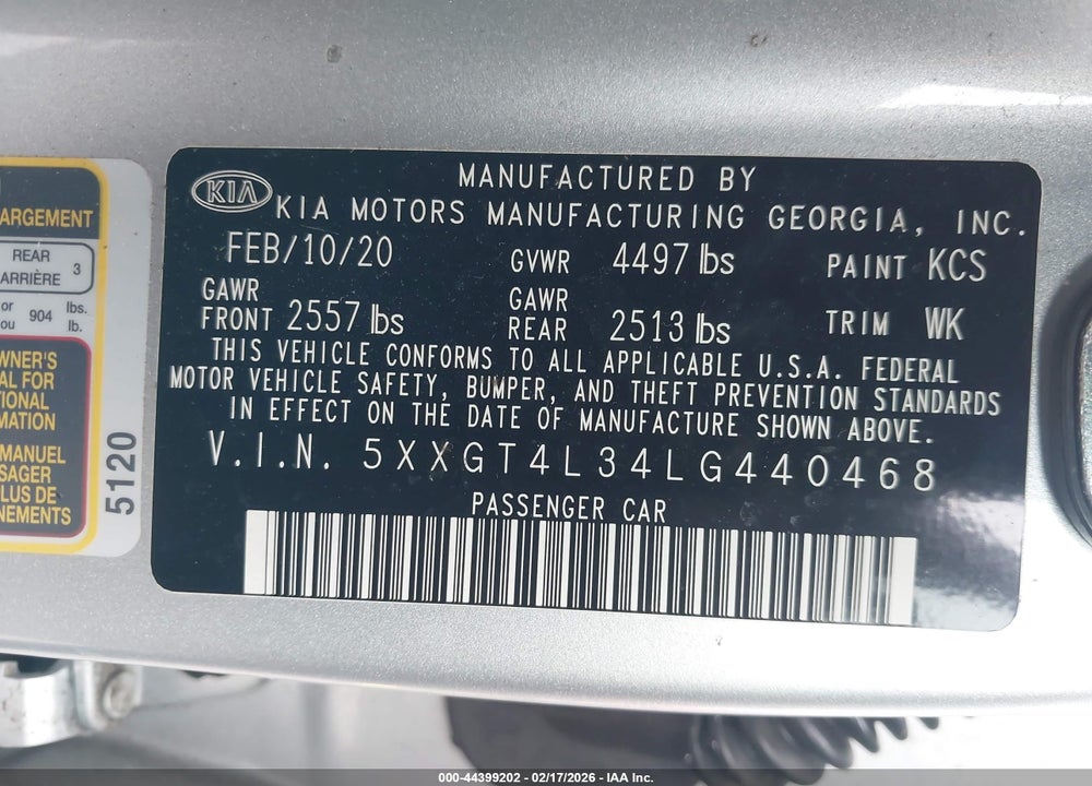 2020 KIA OPTIMA LX VIN: 5XXGT4L34LG440468