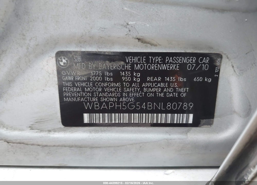 2011 BMW 328I VIN: WBAPH5G54BNL80789