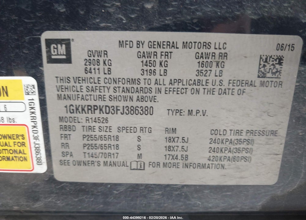 2015 GMC ACADIA SLE-2 VIN: 1GKKRPKD3FJ386380
