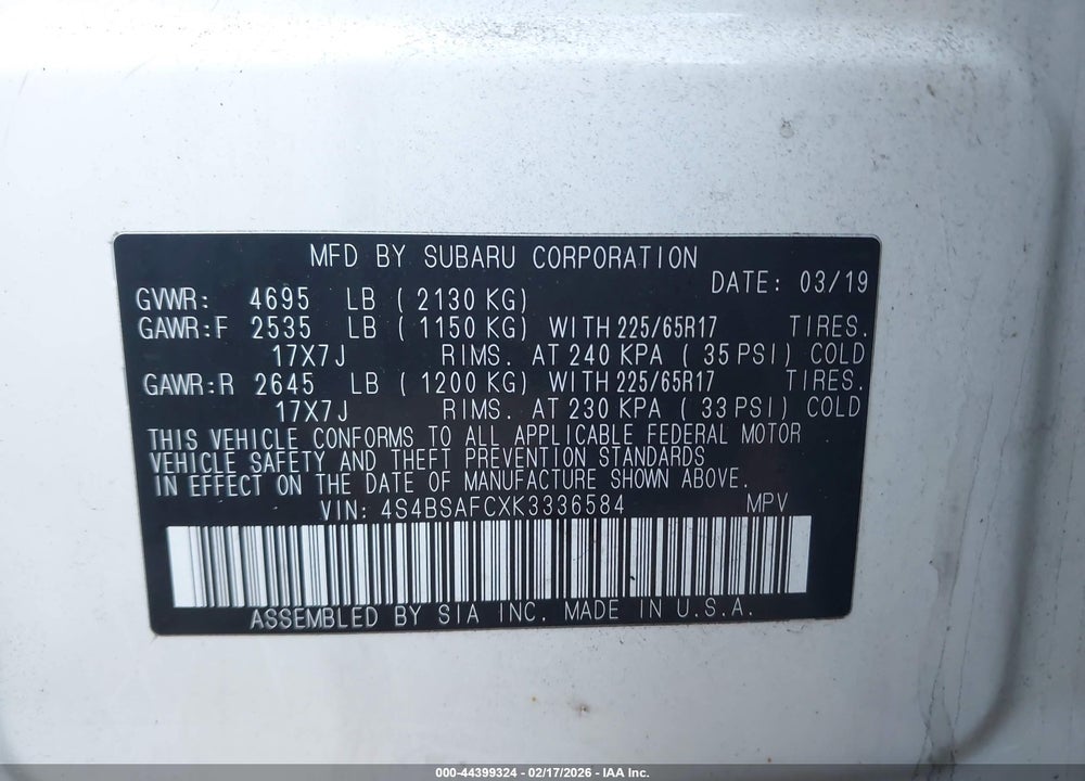 2019 SUBARU OUTBACK 2.5I PREMIUM VIN: 4S4BSAFCXK3336584