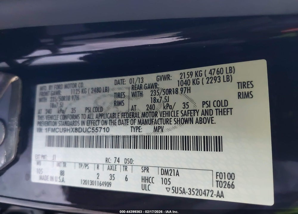 2013 FORD ESCAPE SEL VIN: 1FMCU9HX8DUC55710