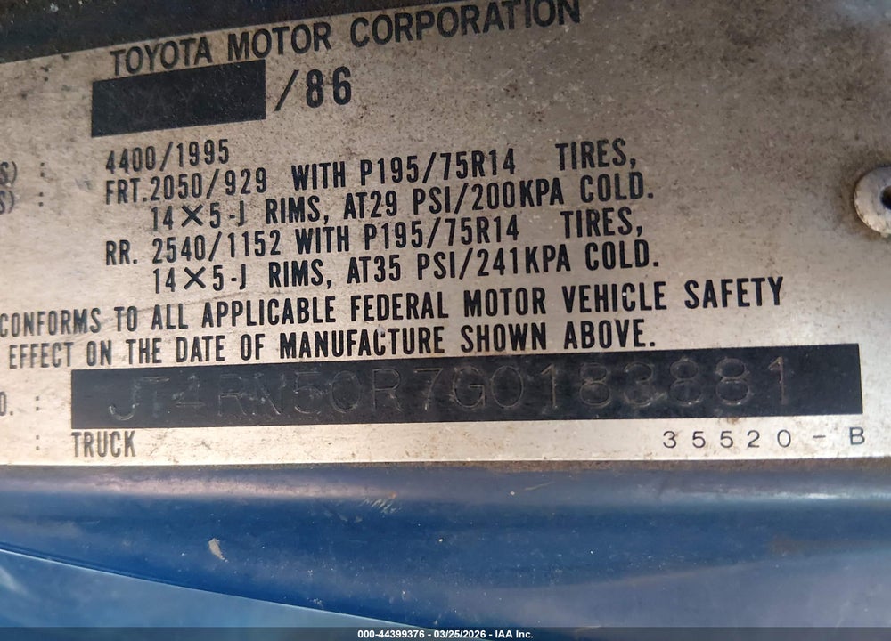 1986 TOYOTA PICKUP 1/2 TON RN50 VIN: JT4RN50R7G0183881