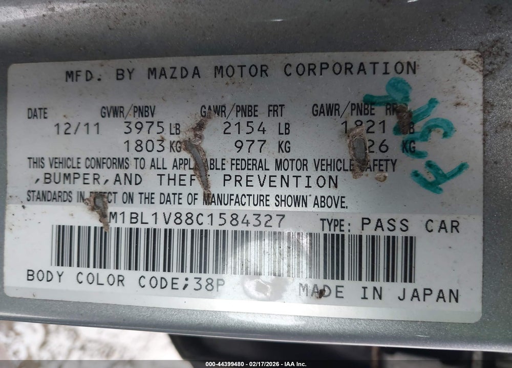 2012 MAZDA 3 I TOURING VIN: JM1BL1V88C1584327