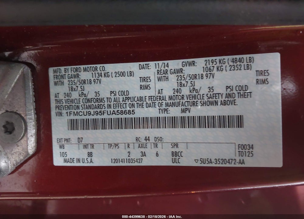 2015 FORD ESCAPE TITANIUM VIN: 1FMCU9J95FUA58685