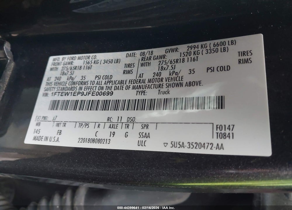 2018 FORD F-150 XLT VIN: 1FTEW1EP9JFE00699