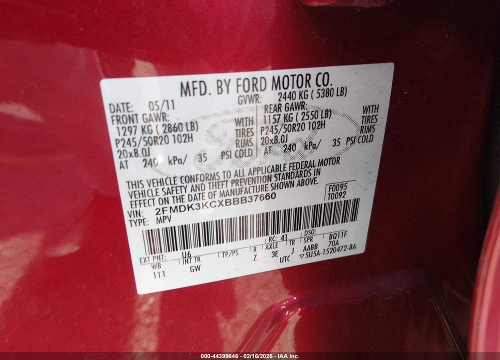 2011 FORD EDGE LIMITED VIN: 2FMDK3KCXBBB37660
