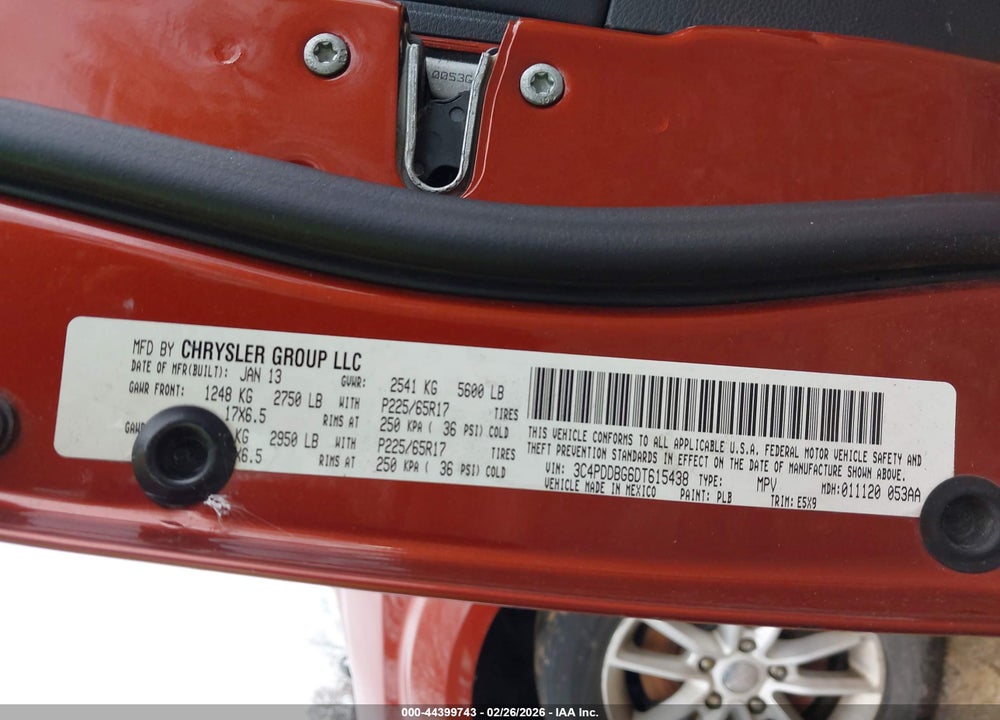 2013 DODGE JOURNEY SXT VIN: 3C4PDDBG6DT615438