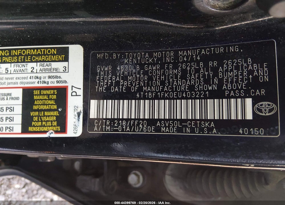 2014 TOYOTA CAMRY SE VIN: 4T1BF1FK0EU403221