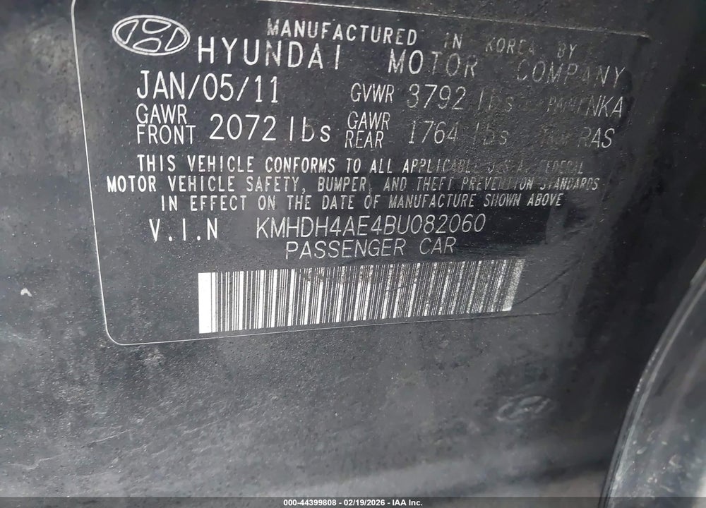 2011 HYUNDAI ELANTRA LIMITED (ULSAN PLANT) VIN: KMHDH4AE4BU082060