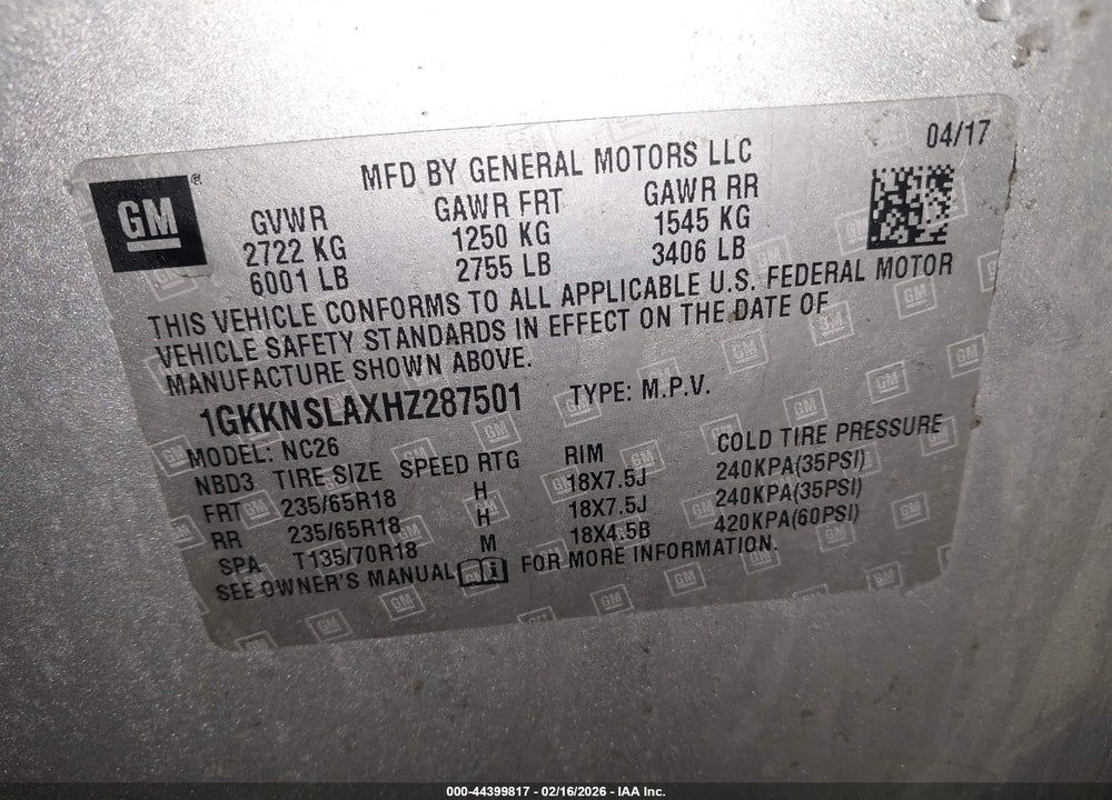 2017 GMC ACADIA SLE-2 VIN: 1GKKNSLAXHZ287501