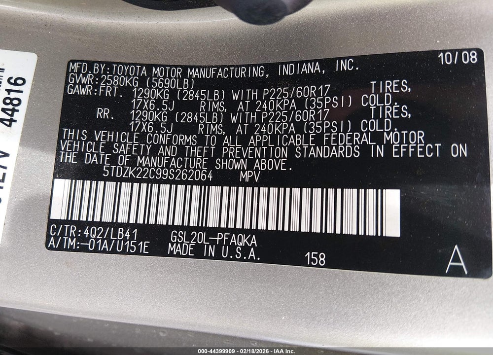 2009 TOYOTA SIENNA XLE VIN: 5TDZK22C99S262064