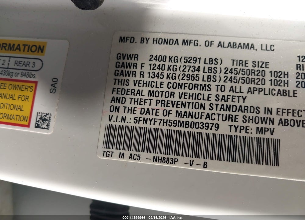 2021 HONDA PASSPORT 2WD EX-L VIN: 5FNYF7H59MB003979