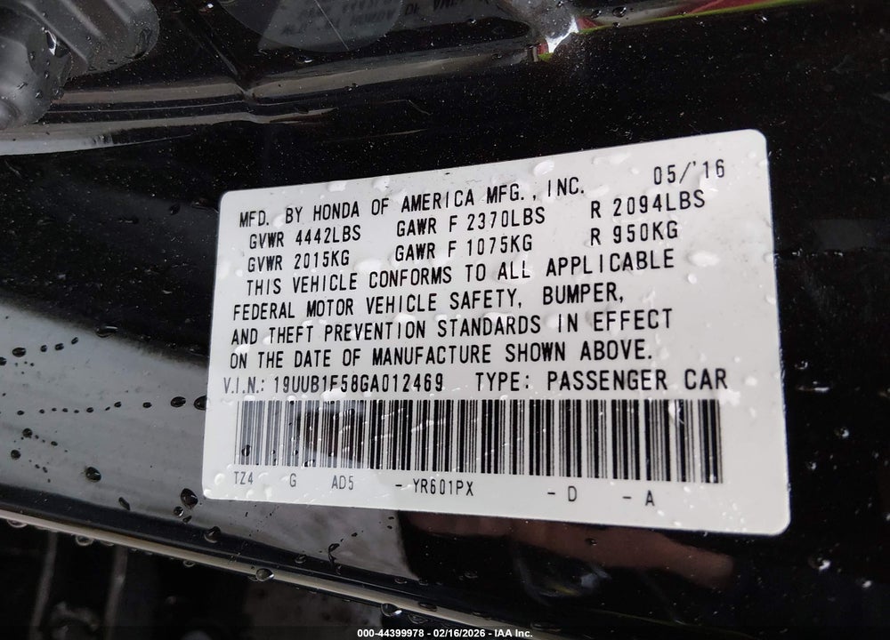 2016 ACURA TLX TECH VIN: 19UUB1F58GA012469