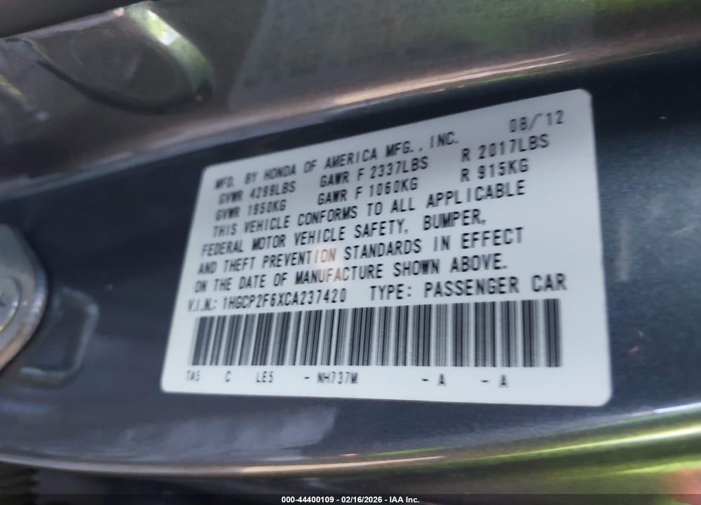 2012 HONDA ACCORD 2.4 SE VIN: 1HGCP2F6XCA237420