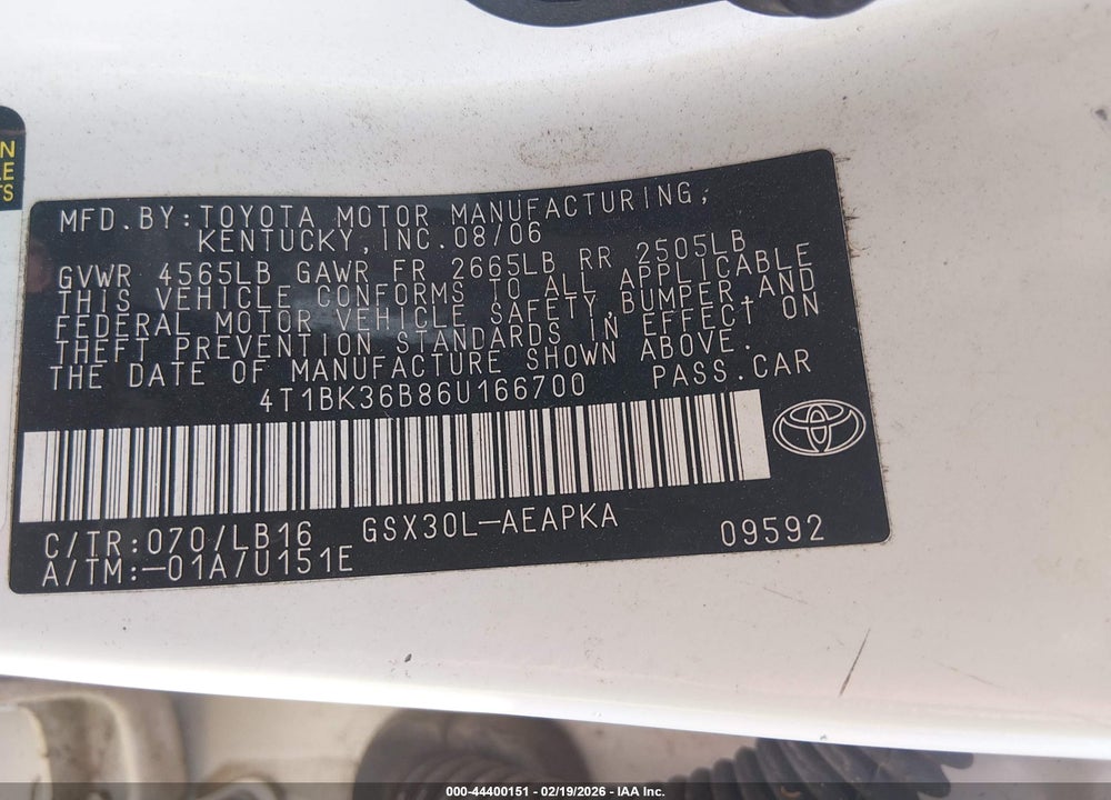 2006 TOYOTA AVALON LIMITED VIN: 4T1BK36B86U166700