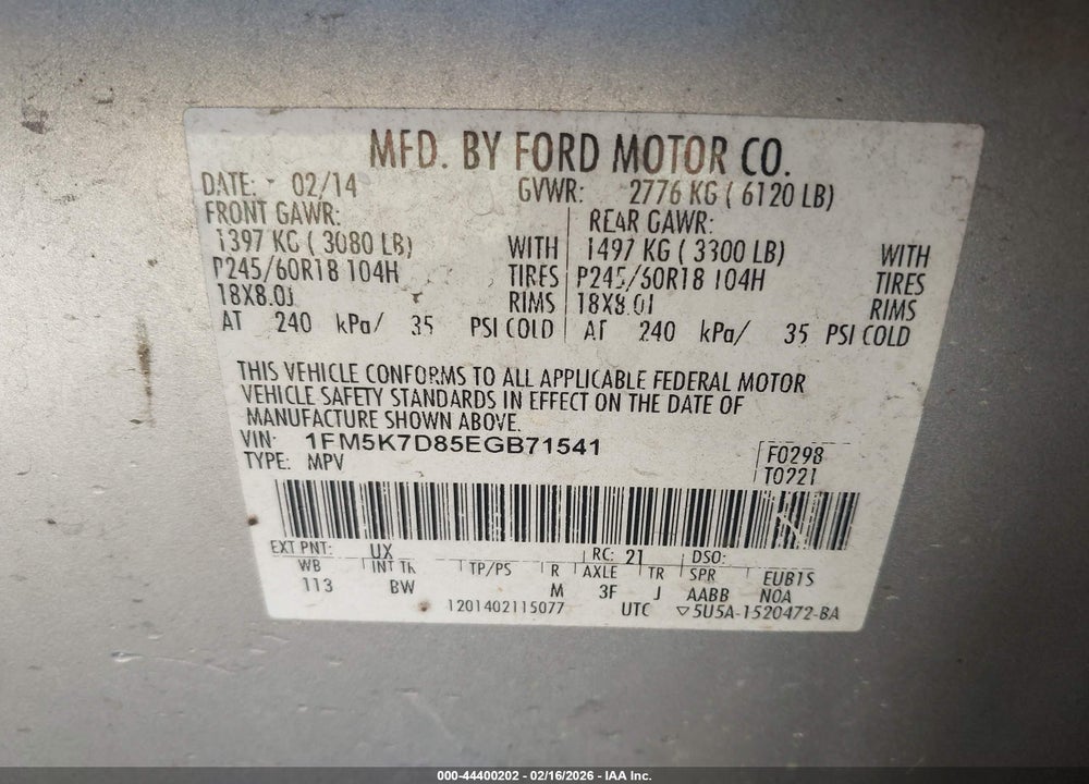 2014 FORD EXPLORER XLT VIN: 1FM5K7D85EGB71541
