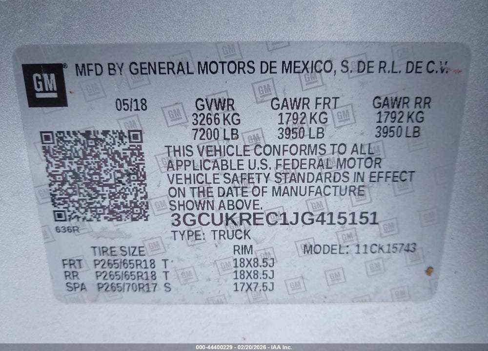 2018 CHEVROLET SILVERADO 1500 2LT VIN: 3GCUKREC1JG415151